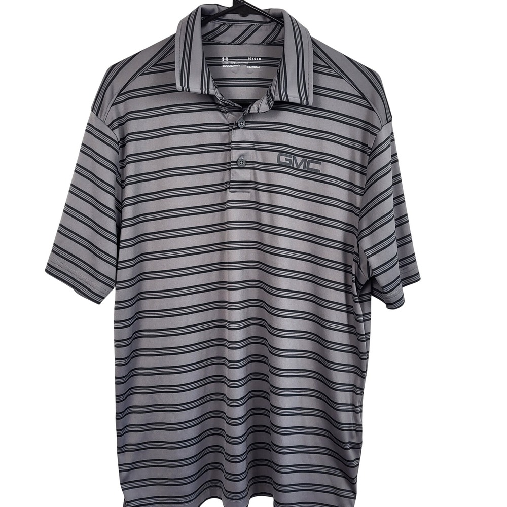 Under Armour HeatGear Polo‎ Shirt Mens Large Gray Striped GMC Golf Performance